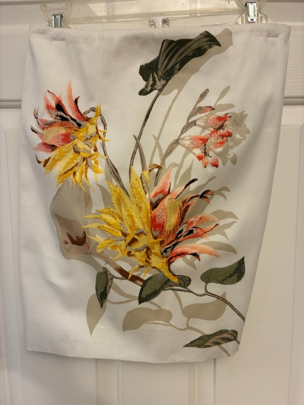 White House Black Market White Floral Pencil Skirt with Yellow & Coral Blooms